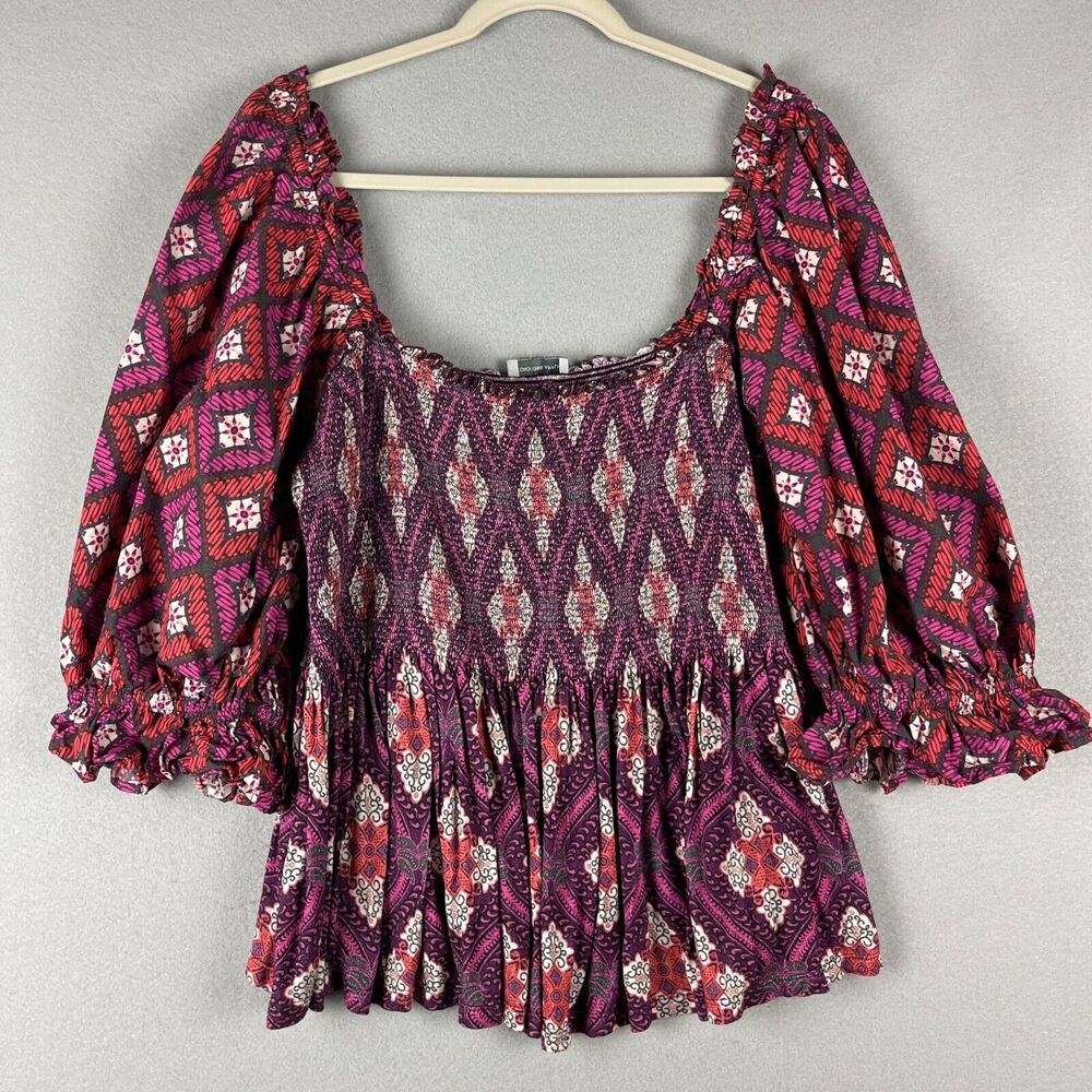 Anthropologie Conditions Apply Smocked Sweetheart Top Women Large Puff Sleeve